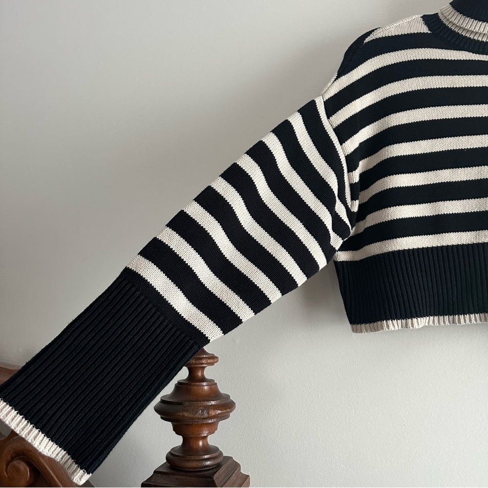 Denimist Cropped Sailor‎ Stripe Turtleneck Sweater in Black/Tan - Picture 2 of 11